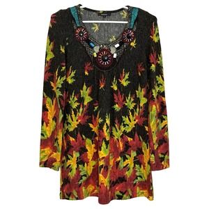 Radzoli Dress Womens Size Small Black Leaf Print Embellished Art to Wear V-Neck